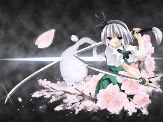 Anime girl sword flower cat - anime art free wallpaper