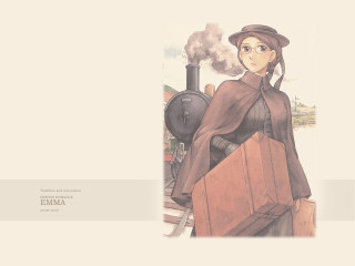 Woman browncoat hatsuitcase train smoke - analytical art free wallpaper