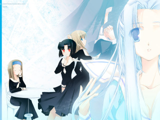 Anime girls table man woman - a table together free wallpaper