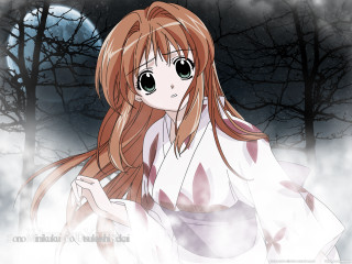 Girl snow moon kimono forest - anime art free wallpaper