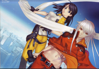 Anime characters swords cityscape battle - a picture together in front free wallpaper