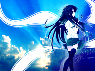 Anime girl blackhair whiteshirt greenskirt - long black hair free wallpaper