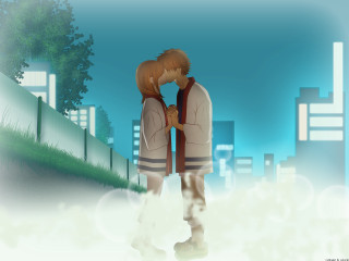 Snowy cityscape couple holding hands - building and trees free wallpaper