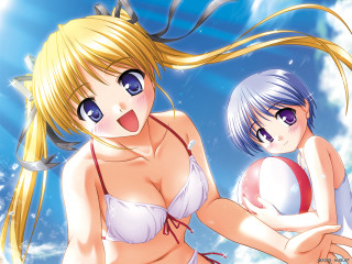 Anime girls beachball sky clouds - a blue sky behind them free wallpaper