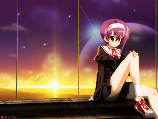 Girl sitting rooftop starry sky - a ledge free wallpaper