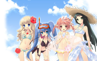 Beach girls bikinis hats flower - a group of women free wallpaper