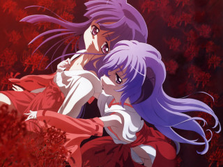 Purple hair anime girls hug - red dress free wallpaper