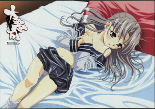 Woman bed pleatedskirt cat photorealism - bed free wallpaper