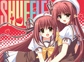 Anime girls hugging hats long - their head free wallpaper