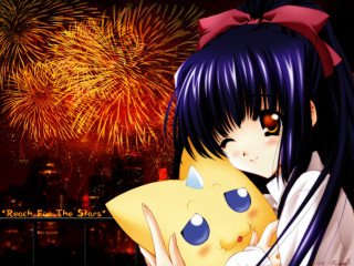 Girl pillow fireworks cityscape anime - a red bow free wallpaper