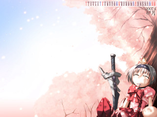 Girl sitting tree branch sword - a pink sky in the background free wallpaper for desktop