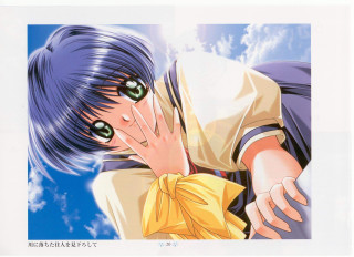 Anime greeneyes yellowshirt blueSky clouds - the background free wallpaper