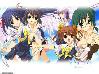 Anime girls wings sword sky - a sky background behind them free wallpaper