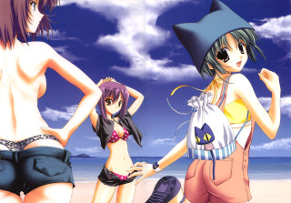 Anime girls beach hat denim - a beach free wallpaper for desktop