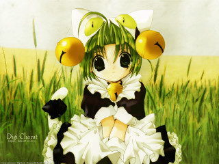 Anime girl green hair balloons - a field of grass free wallpaper