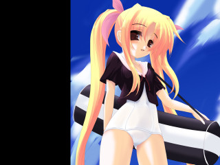 Blonde anime girl life preserver - a blue sky behind her free wallpaper