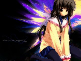 Girl butterfly wings sitting school - her hand behind her back free wallpaper
