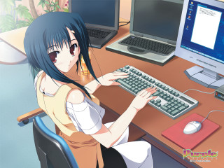 Blue haired girl sitting desk - a girl sitting free wallpaper