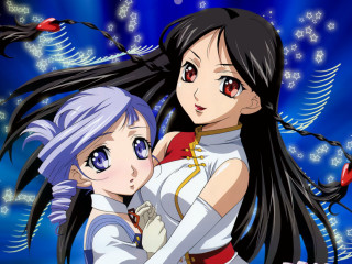 Anime girls hugging blue snowflakes - magic realism free wallpaper