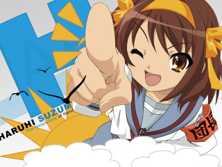 Girl smiling yellowheadband pointing kyoanimation - the camera free wallpaper
