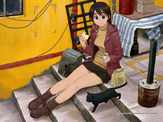 Woman sitting stairs coffee cat - coffee free wallpaper
