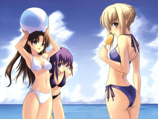 Beach bikinis ball horizon sky - two woman free wallpaper