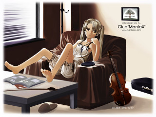 Girl couch violin book anime - the table in front free wallpaper