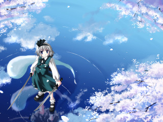 Girl green dress flying sword - a matte painting free wallpaper