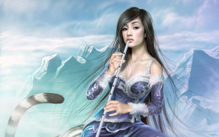 Woman blue dress white staff - snow free wallpaper