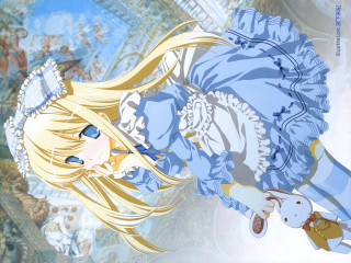 Cartoon girl blonde blue dress 2 - a white teddy bear free wallpaper