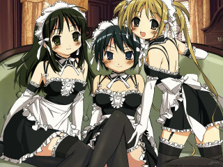 Three anime maid girls green - framed free wallpaper