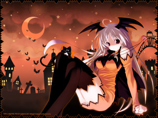 Demon girl halloween cat moon - a floor free wallpaper for desktop