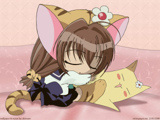 Girl hugging cat anime bell - sōsaku hanga free wallpaper