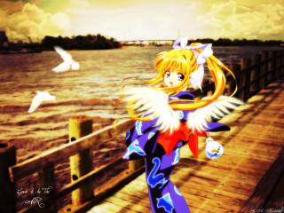 Anime girl blonde wings pier - a blue outfit free wallpaper