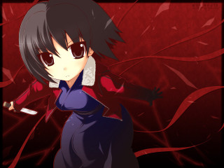 Anime knife redbackground blackhair browneyes - a red background behind her free wallpaper