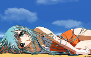 Woman beach blue hair orange - a blue hair free wallpaper
