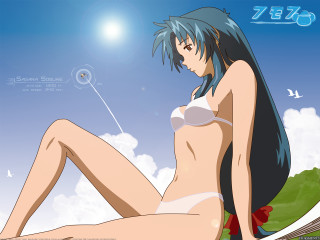 Blue sky bikini sitting portrait - a ledge free wallpaper
