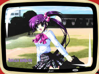 Purple haired girl bow skirt - a tv screen free wallpaper
