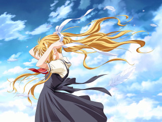 Woman flying feather bow angel - a feather free wallpaper
