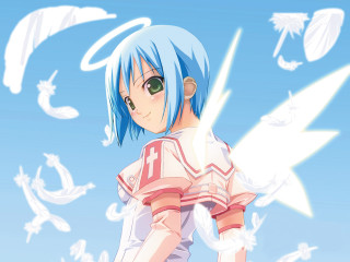 Angelic bluehair greeneyes clouds wings - blue hair free wallpaper