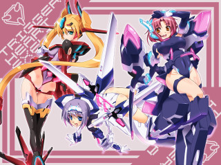 Anime girls swords armored pink - a white frame free wallpaper