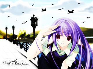 Purple hair girl birds bridge - sots art free wallpaper