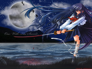 Anime girl sword fullmoon lake - long hair holding free wallpaper