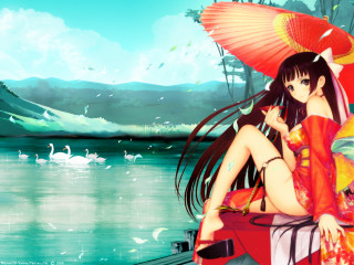 Woman bench umbrella water swan - a bench free wallpaper