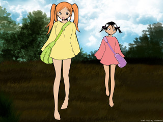 Two girls field trees sky - the background and a sky free wallpaper