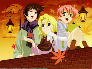 Autumn leaves lamp post girls - a brick wall free wallpaper for desktop
