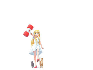 Girl white dress red object - her hand and a cat free wallpaper