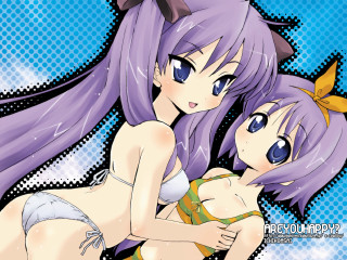 Purple hair anime girls hugging - a couple of anime girls free wallpaper