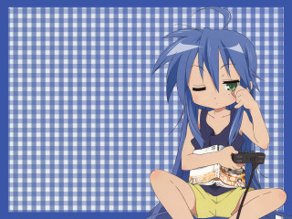 Blue hair girl microphone sitting - a blue background behind her free wallpaper