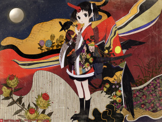 Kimono bird flower fullmoon astral 2 - a woman in a kimono holding free wallpaper